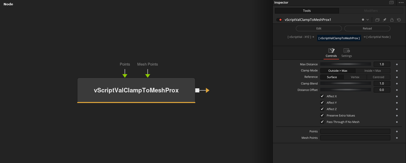 vScriptValClampToMeshProx node