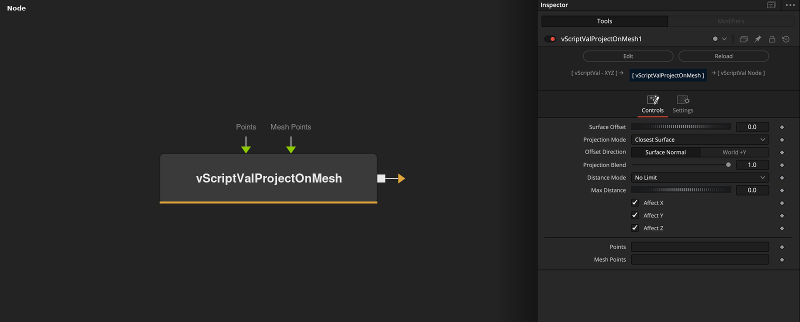 vScriptValProjectOnMesh node